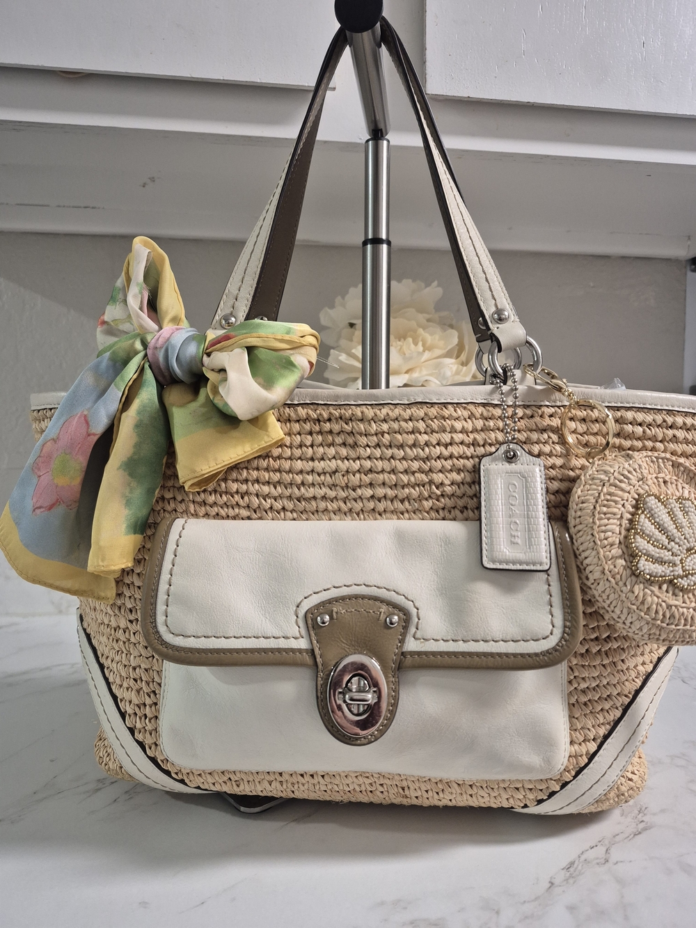 Large Coach Straw & Leather Tote with White Trim